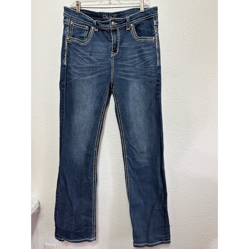Grace in LA Womens Size 18 Bootcut Jeans Dark Wash Embellished Bling Pockets